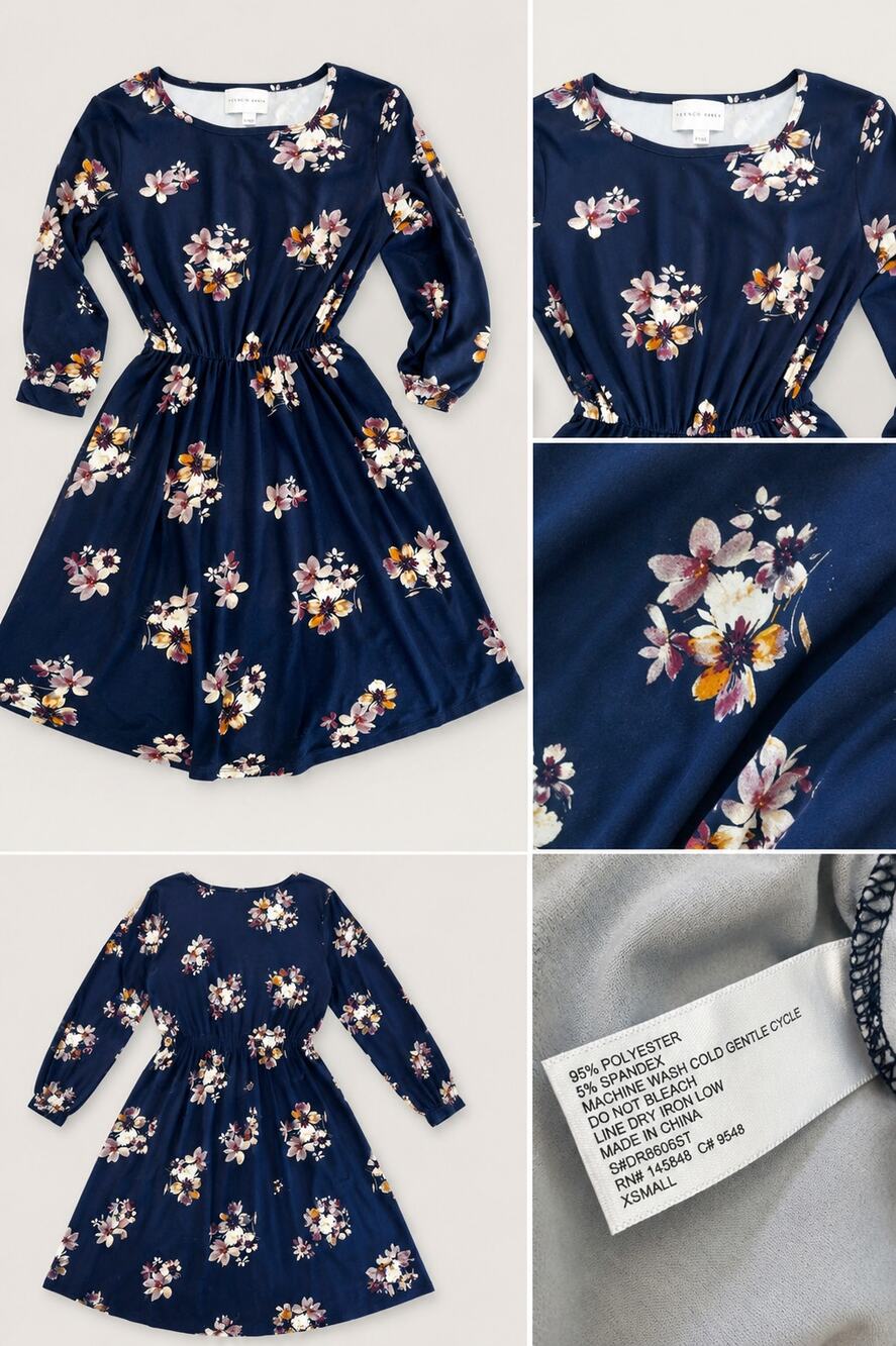 French Grey XS Navy Floral Dress Womens Fit Flare Stretch Midi Casual